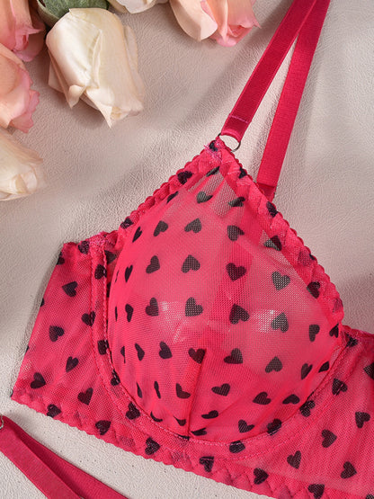 Valentine's Day Heart-shaped Print See-through Temptation Three-point Underwear Set