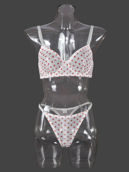 Valentine's Day Heart-shaped Print See-through Temptation Three-point Underwear Set