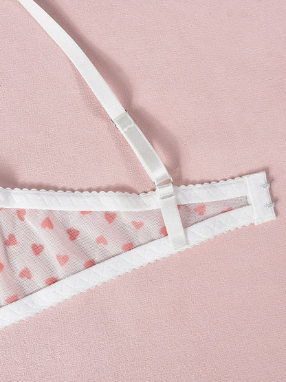Valentine's Day Heart-shaped Print See-through Temptation Three-point Underwear Set