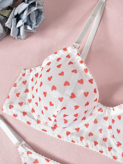 Valentine's Day Heart-shaped Print See-through Temptation Three-point Underwear Set