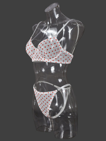 Valentine's Day Heart-shaped Print See-through Temptation Three-point Underwear Set