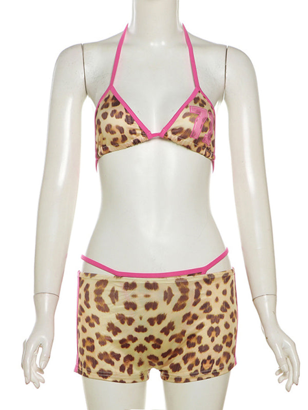 Contrast Color Leopard Print Boy-shorts Bikini Set