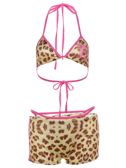 Contrast Color Leopard Print Boy-shorts Bikini Set