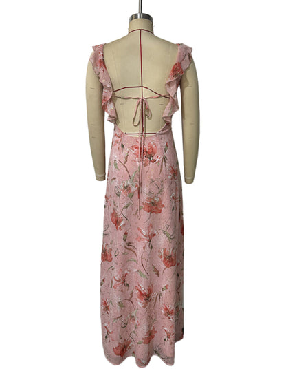 Pink Floral Print Ruffled Halter Maxi Dress