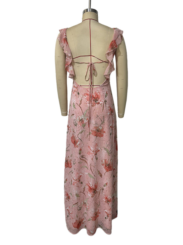 Pink Floral Print Ruffled Halter Maxi Dress