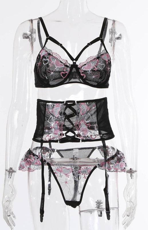 Lace-Up Heart Embroidery Lingerie Set