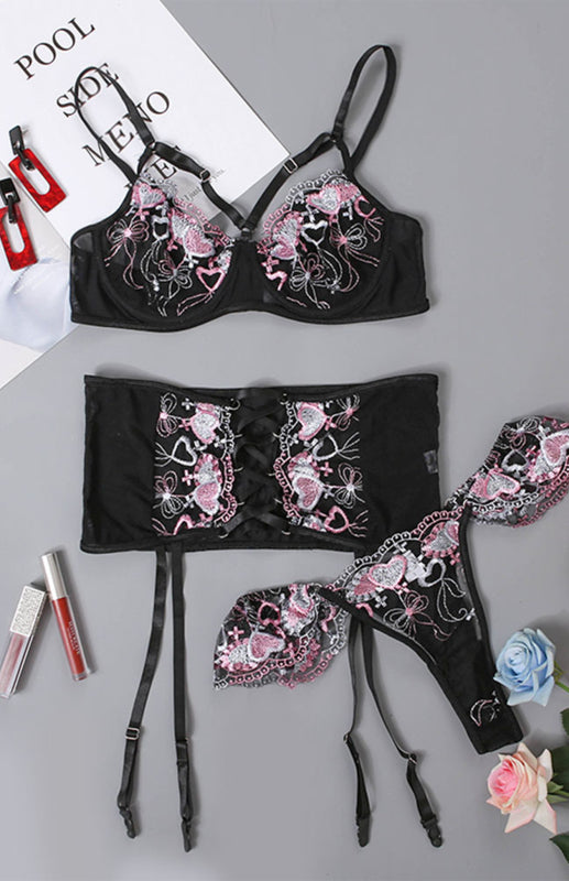 Lace-Up Heart Embroidery Lingerie Set