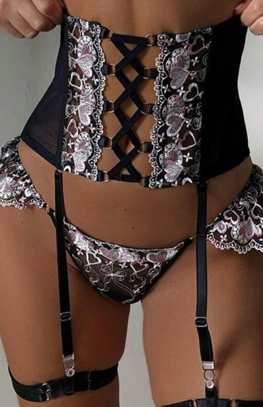 Lace-Up Heart Embroidery Lingerie Set