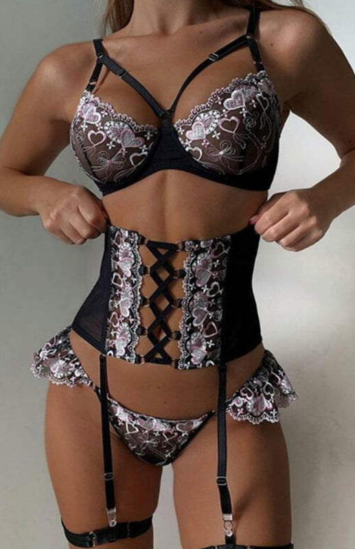 Lace-Up Heart Embroidery Lingerie Set