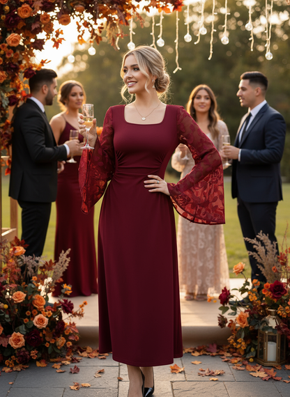 Blonde in burgundy midi dress at fall wedding