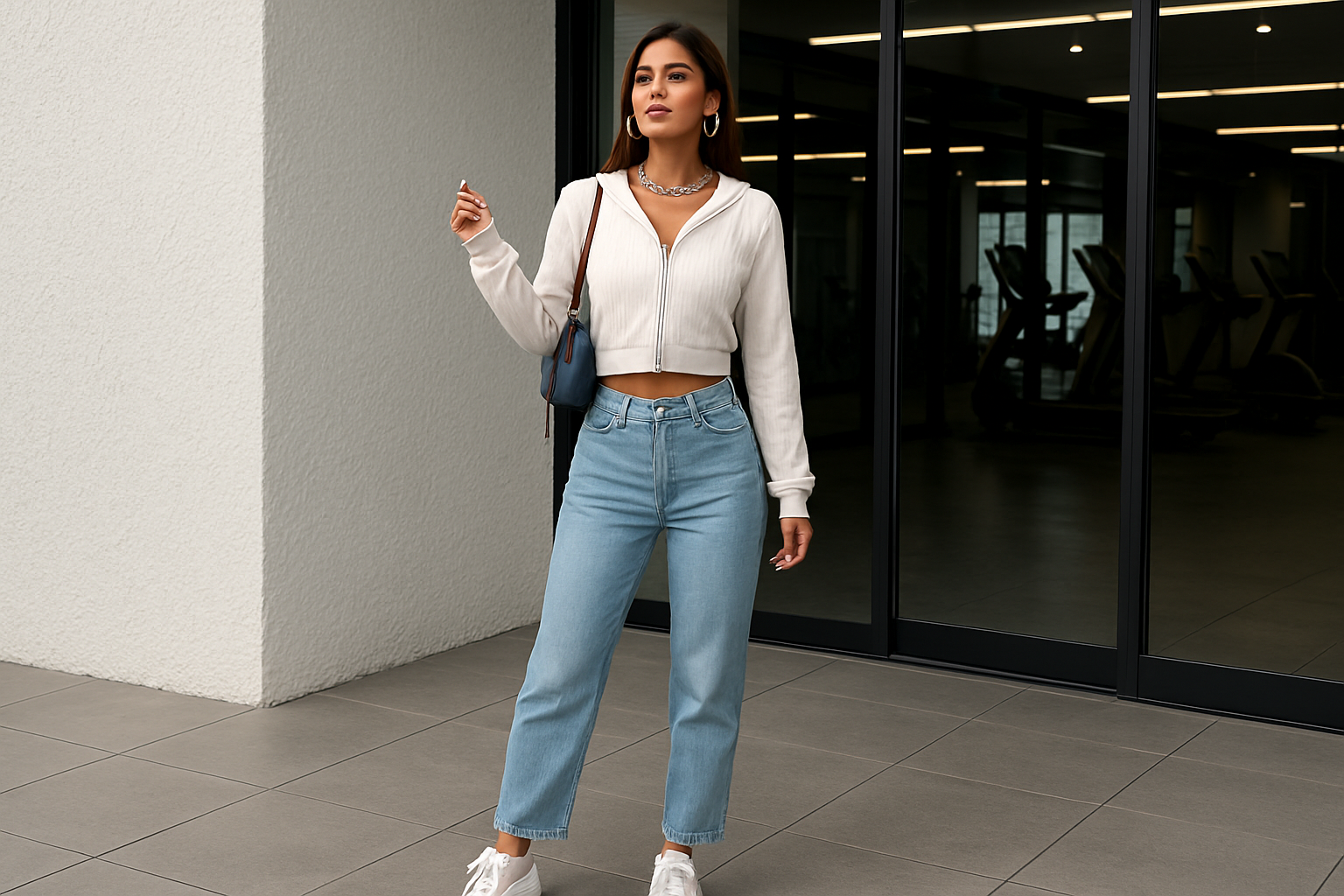 White cropped zip-up hoodie lifestyle - gym entrance