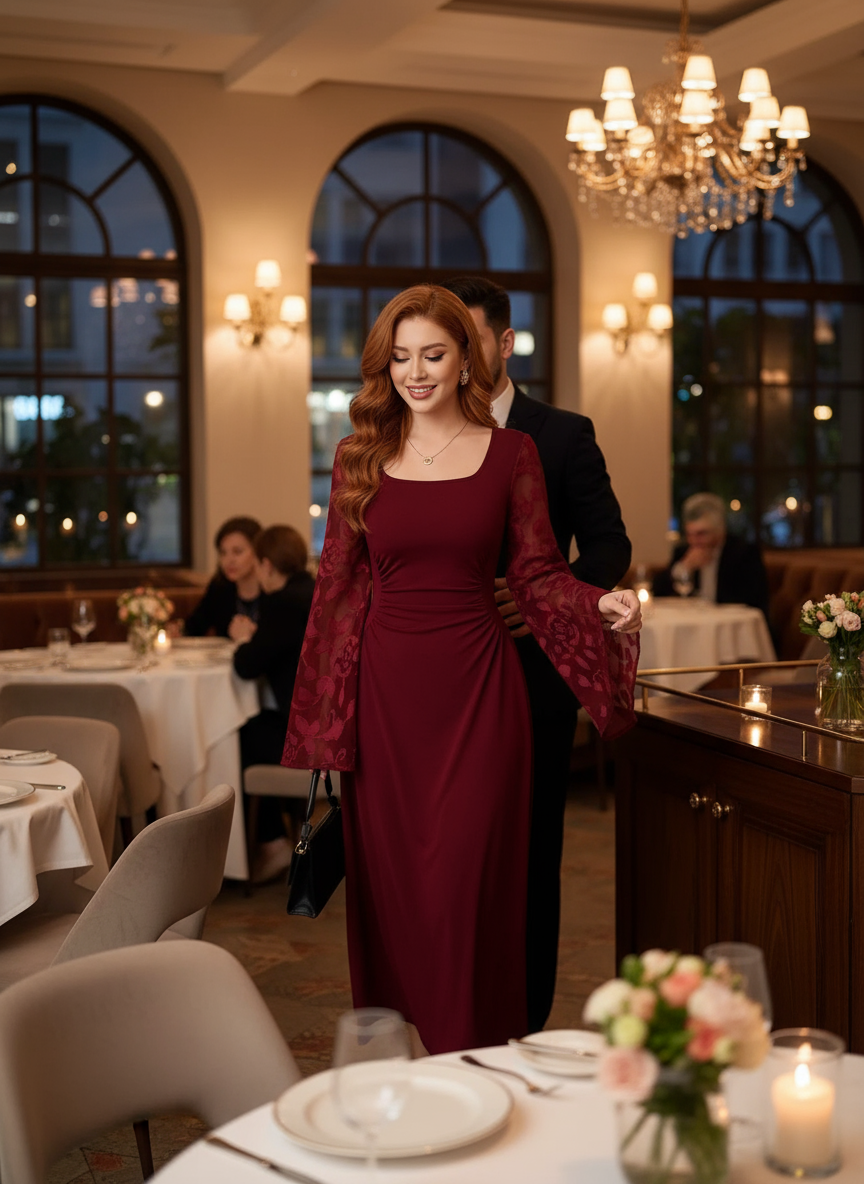 Redhead in burgundy midi dress at restaurant
