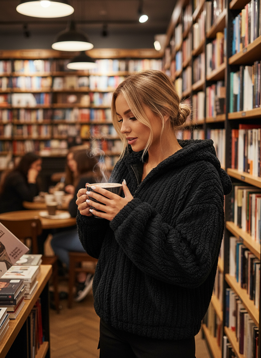 Blonde in black teddy bear hoodie at bookstore