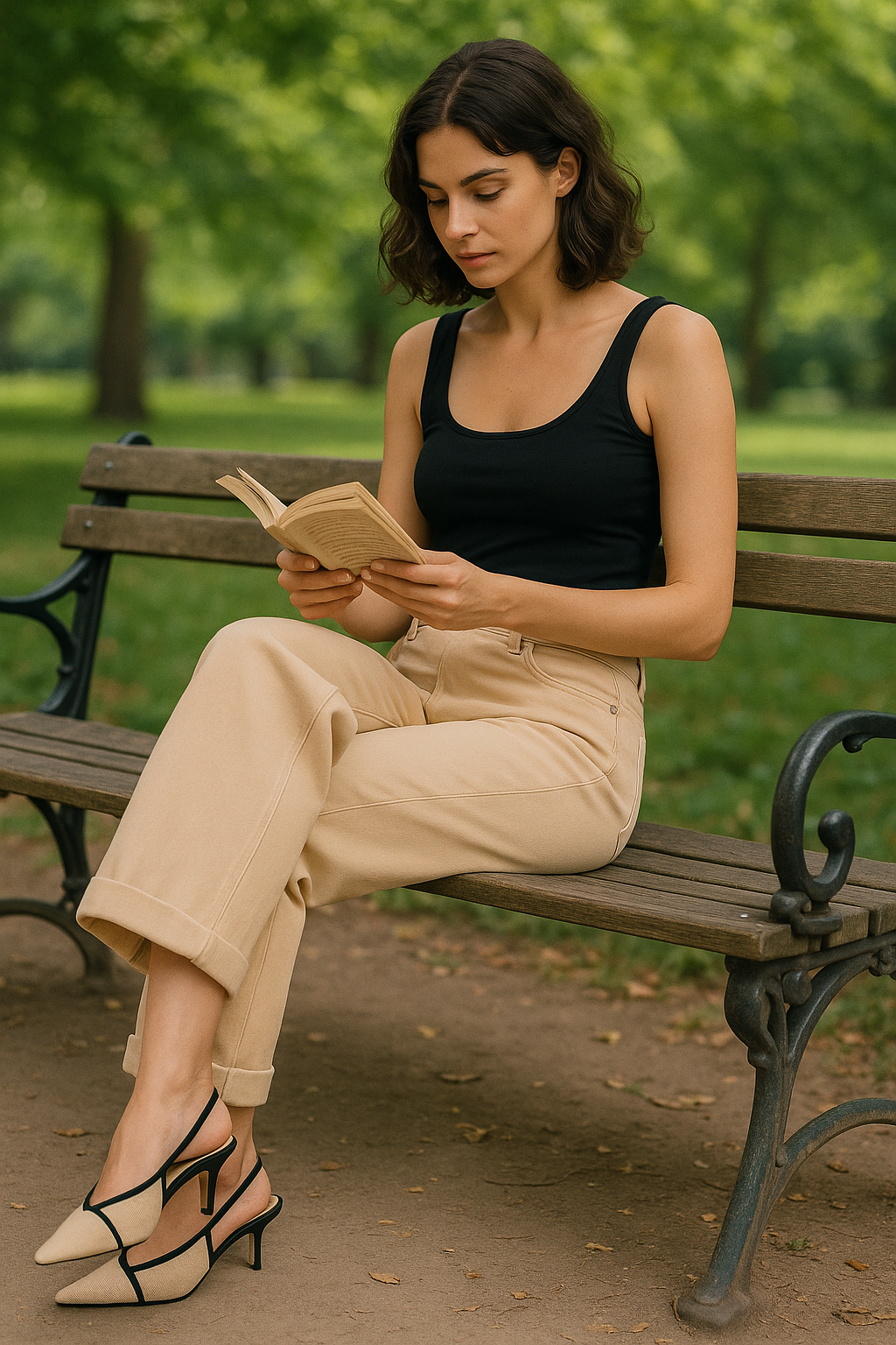 Woman in mid-rise barrel jeans sitting on park bench reading