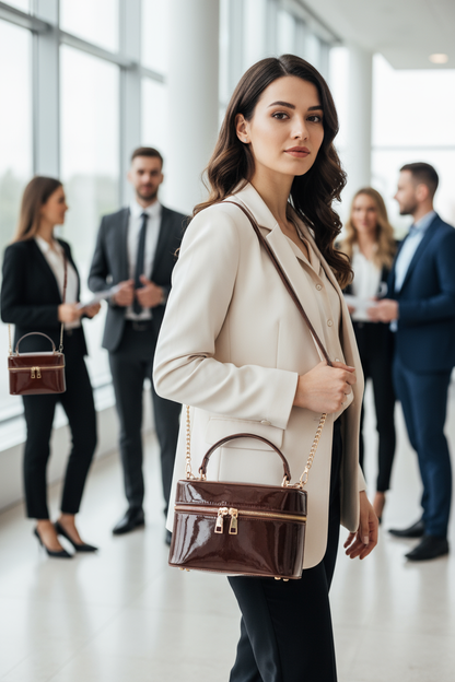 Brunette with brown patent bag at office