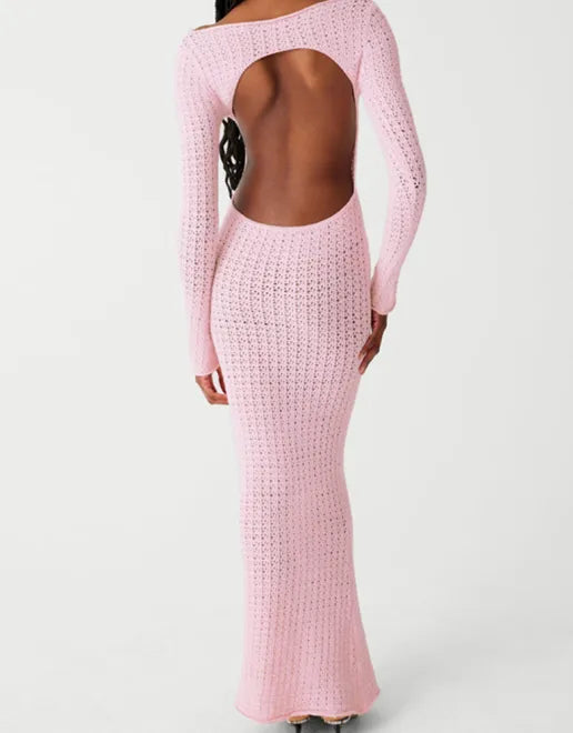 Sexy Hollow Backless Mesh Long-sleeved Maxi Dress