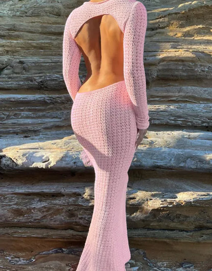 Sexy Hollow Backless Mesh Long-sleeved Maxi Dress