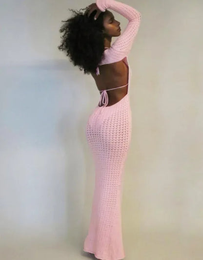 Sexy Hollow Backless Mesh Long-sleeved Maxi Dress