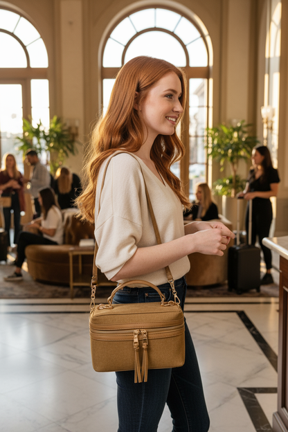 Redhead with khaki vanity case at hotel