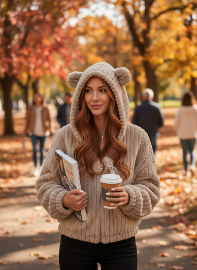 Redhead in khaki teddy bear hoodie in park