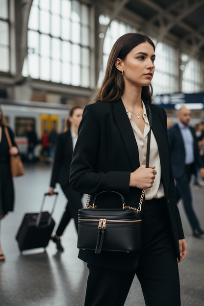 Brunette with black vanity case at train station