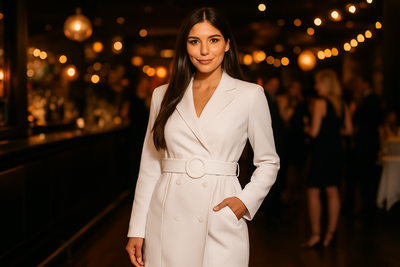 Stylish woman in blazer dress at sophisticated cocktail party