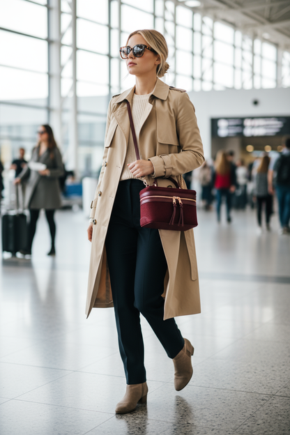 Blonde with burgundy vanity case at airport