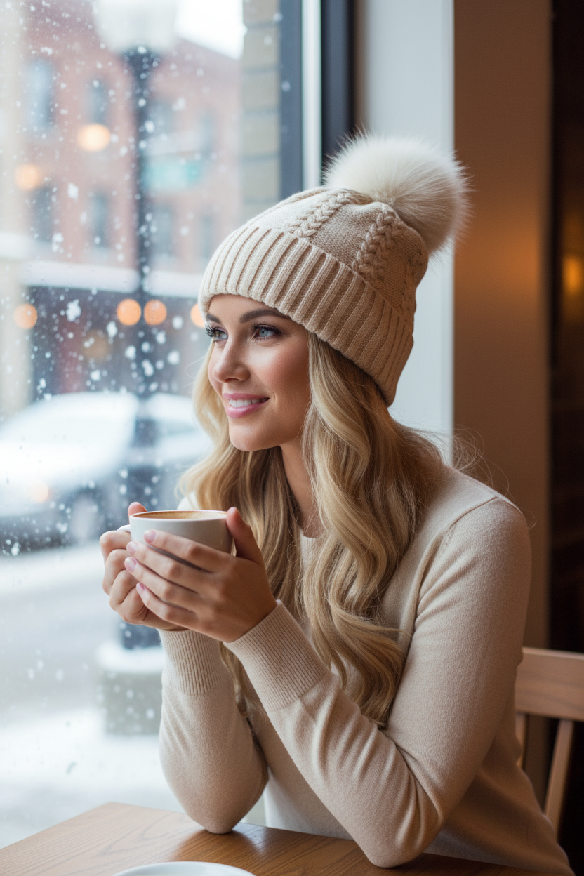 Ivory cable knit beanie with white fur pom-pom at coffee shop