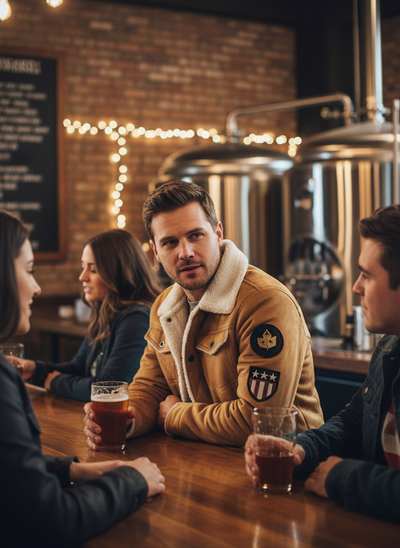 Khaki Shearling Jacket Lifestyle Image 3 - Right Sleeve Patch