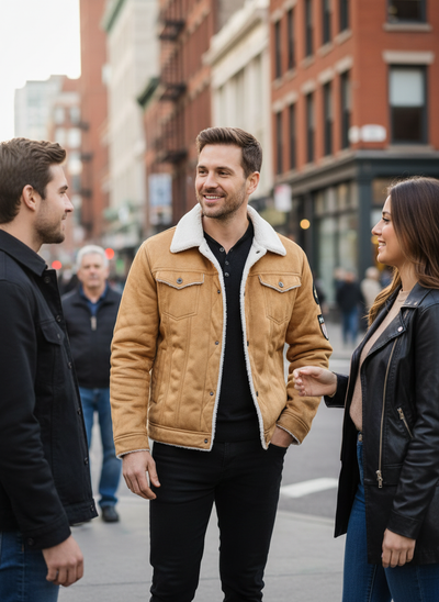 Khaki Shearling Jacket Lifestyle Image 3 - Standing with Right Sleeve