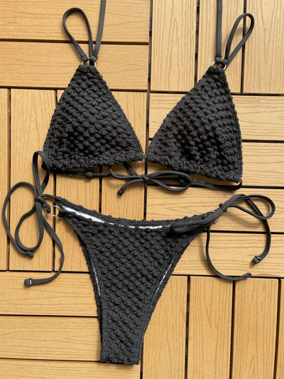 Trendsi black knit textured bikini summer swimwear with triangle top and adjustable tie straps