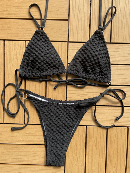 Trendsi black knit textured bikini summer swimwear with triangle top and adjustable tie straps
