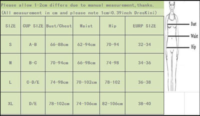 Size chart for Trendsi knit textured bikini summer swimwear showing bust chest waist and hip measurements