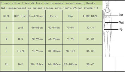 Size chart for Trendsi knit textured bikini summer swimwear showing bust chest waist and hip measurements