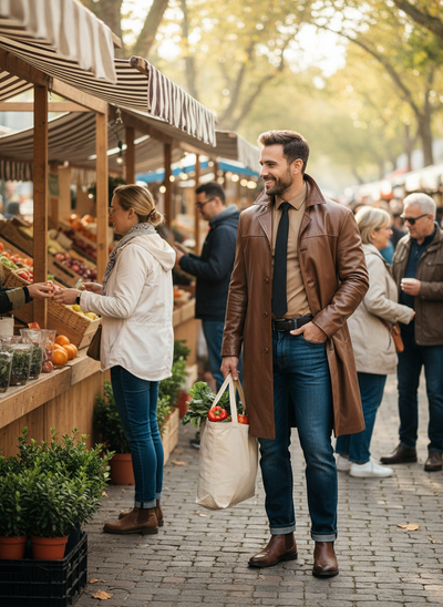 Man in button-up long sleeve jacket at weekend farmers market brunch
