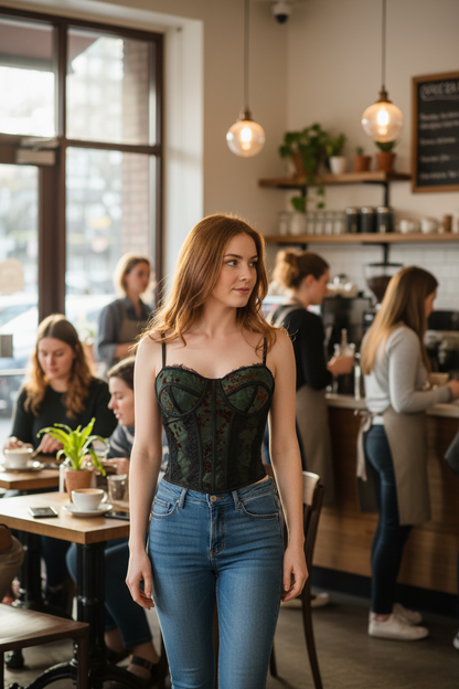 Lace camisole at coffee shop - product focused