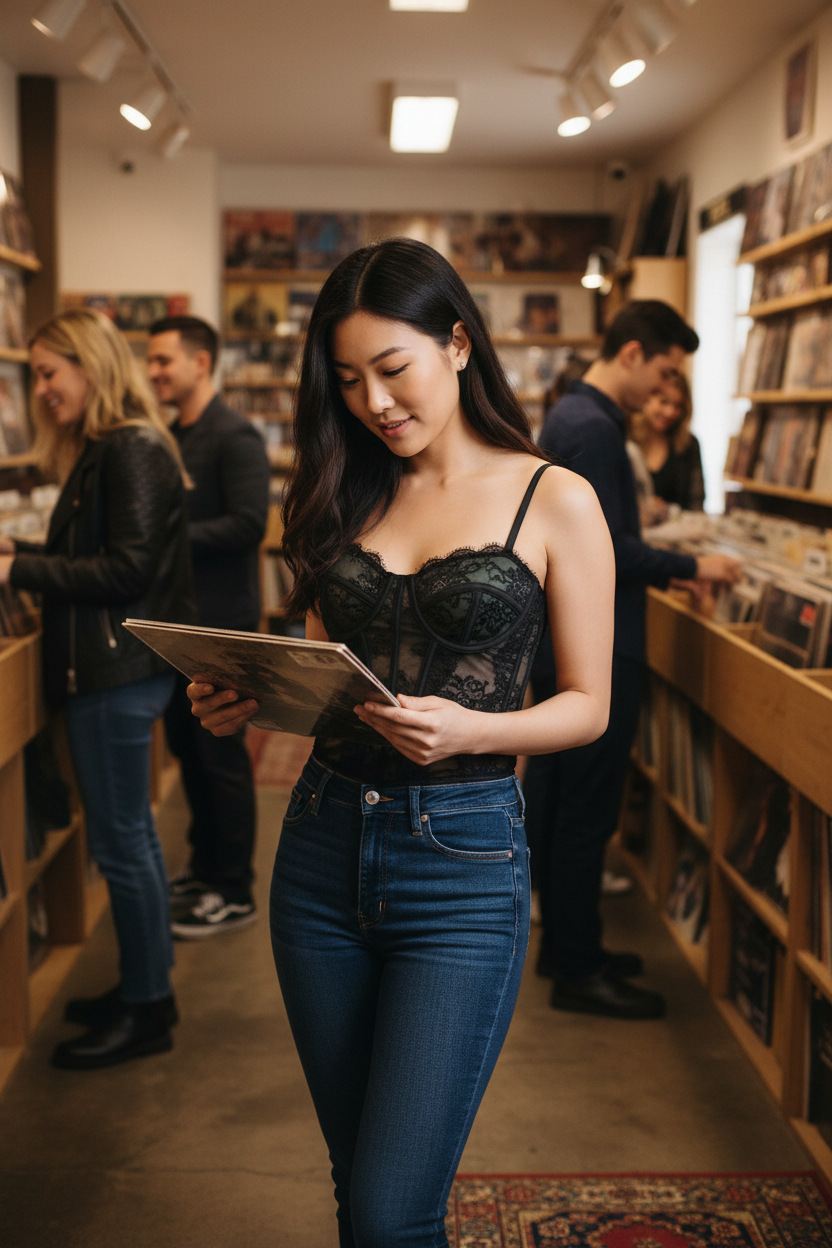 Lace camisole at record store - product focused