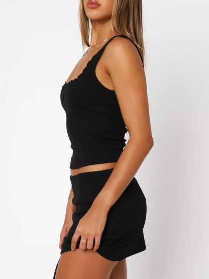 Black top featuring Lace Trim Square Neck design, perfect for casual layering in any outfit