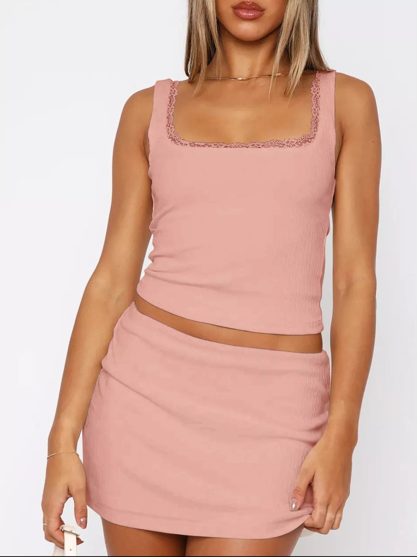 Trendsi Lace Trim Square Neck Top and Mini Skirt Set in Dusty Pink for Stylish Summer Outfits