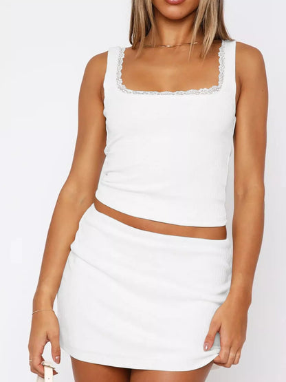 Trendsi Lace Trim Square Neck Crop Top with Matching Skirt in White for a Stylish Summer Outfit