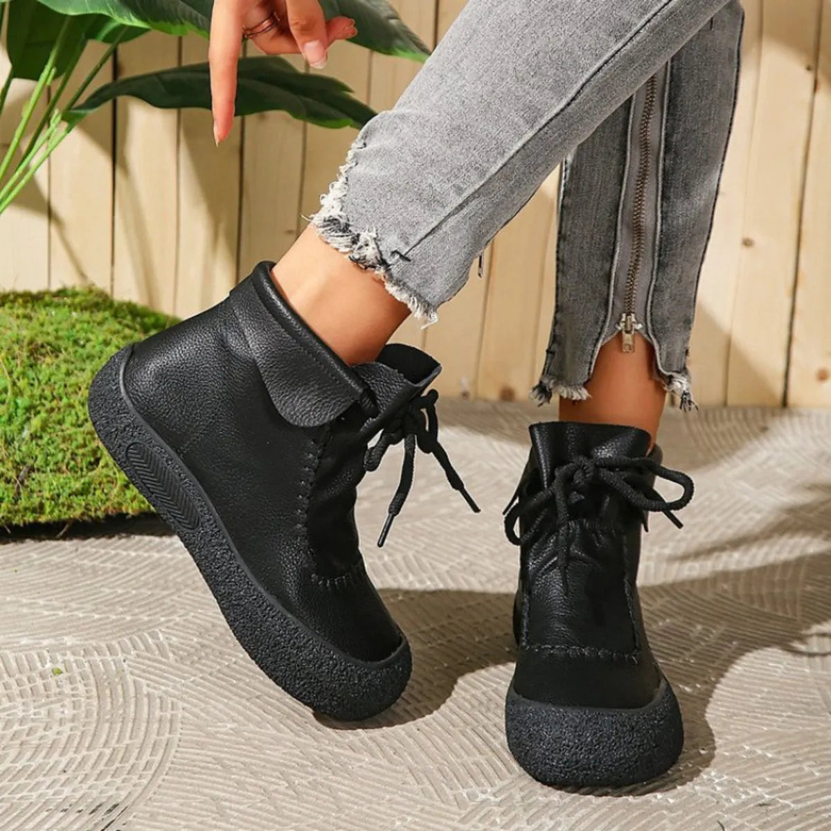 Trendsi Lace-Up Casual Ankle Boots in black leather with textured sole and comfortable fit