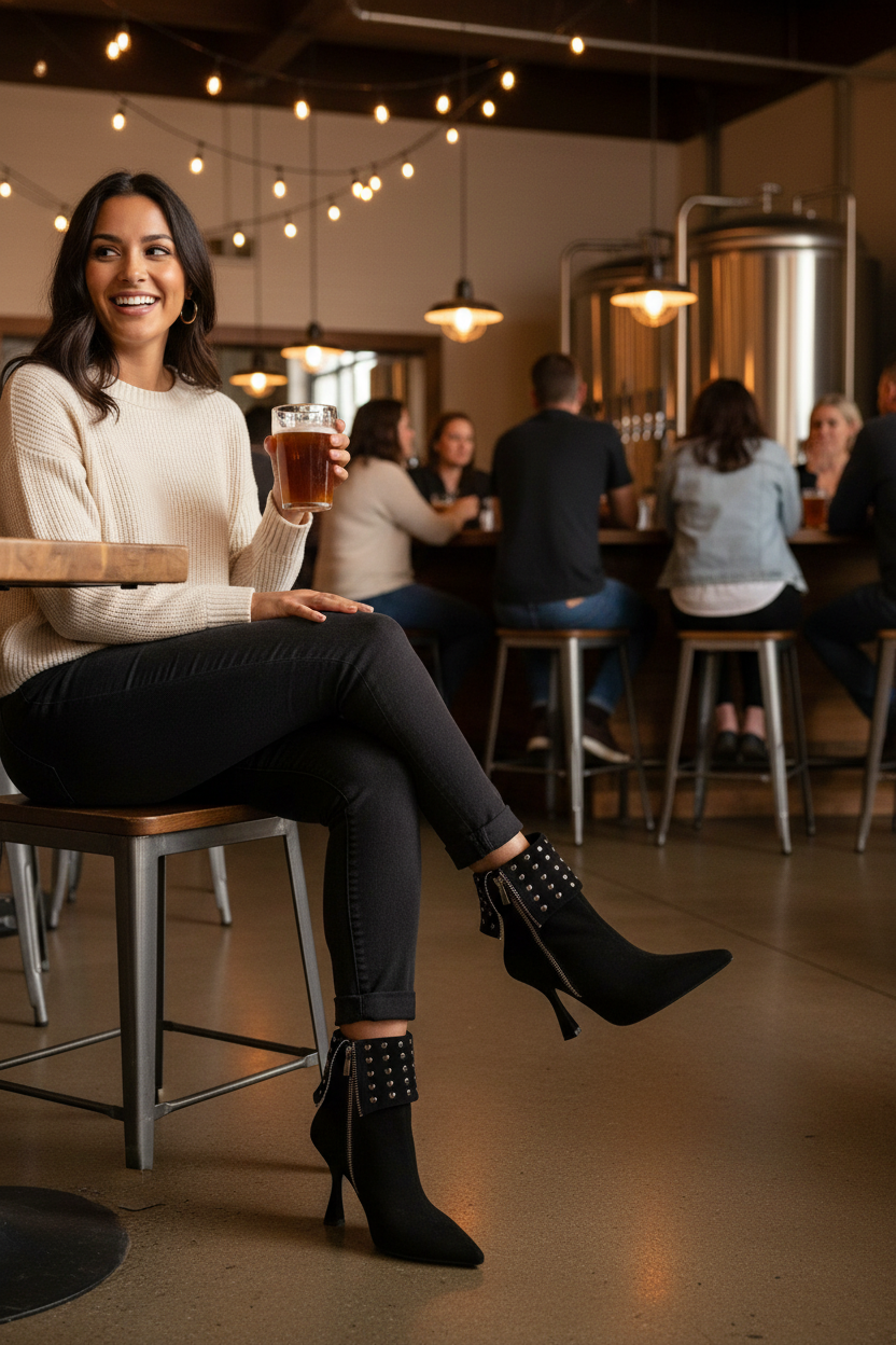 Latina model at brewery taproom with black studded boots
