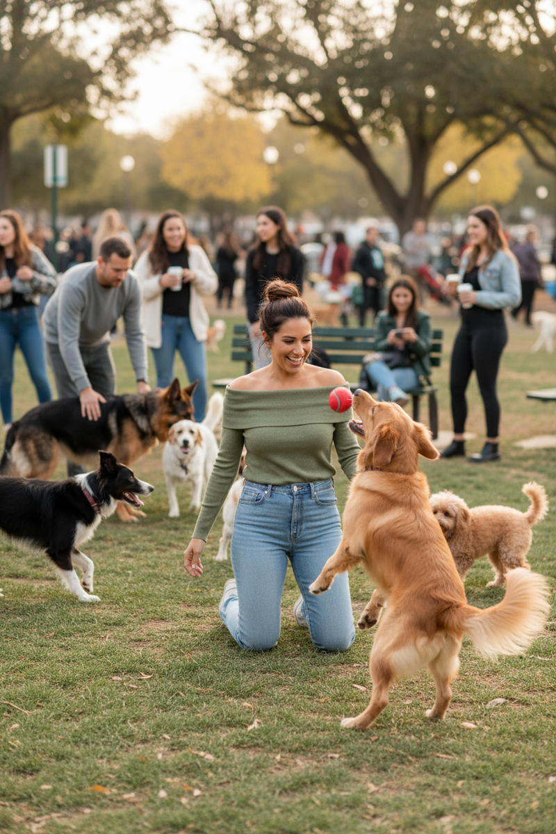 Latina woman at dog park wearing off-shoulder sweater