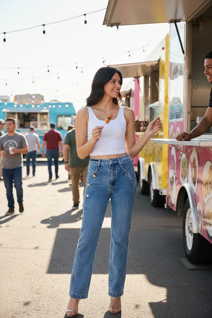 High Rise Dad Jeans - Scallop Pocket Relaxed Fit - Fashions Envy