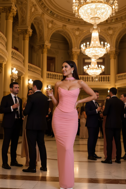 Latina woman at theater lobby wearing tube top and maxi skirt set