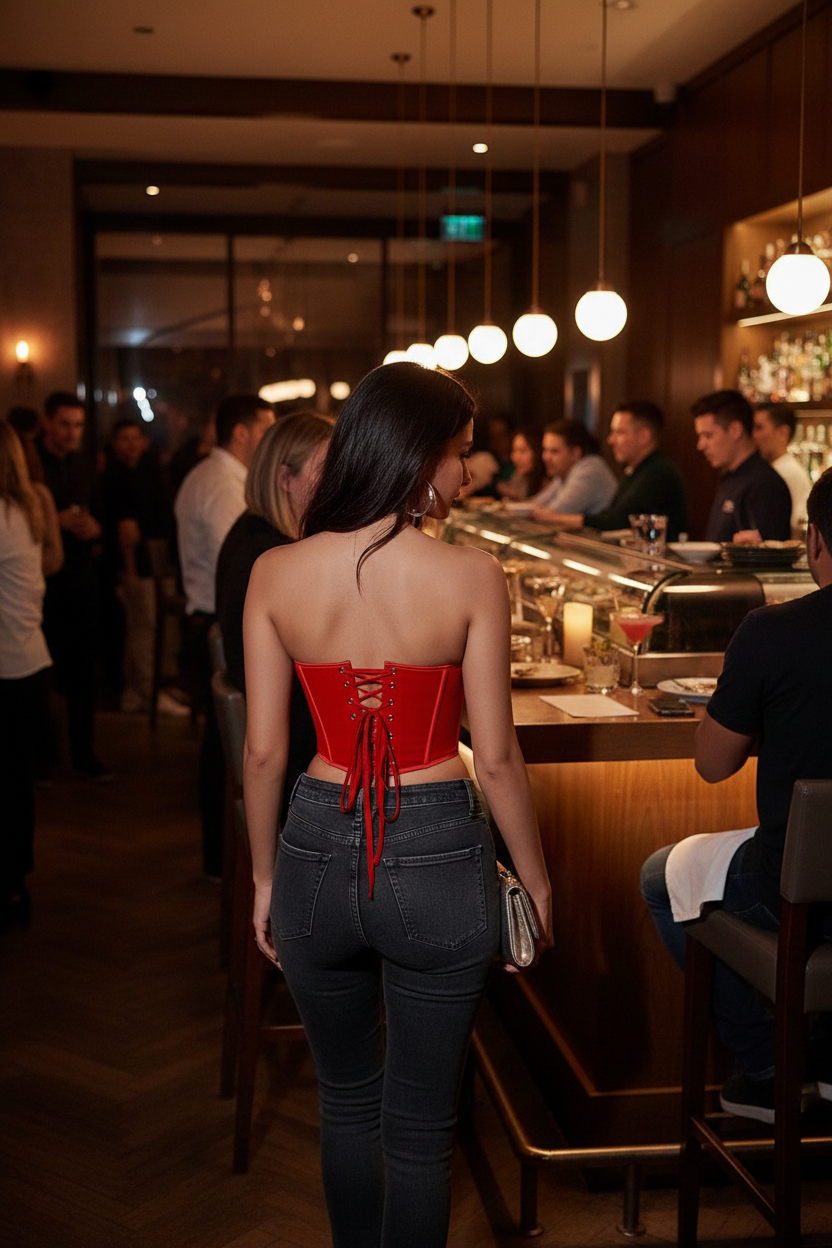Latina Woman Sushi Restaurant - Red Corset Back View