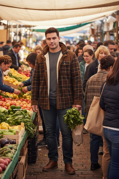 Latino man at farmers market wearing plaid fleece jacket