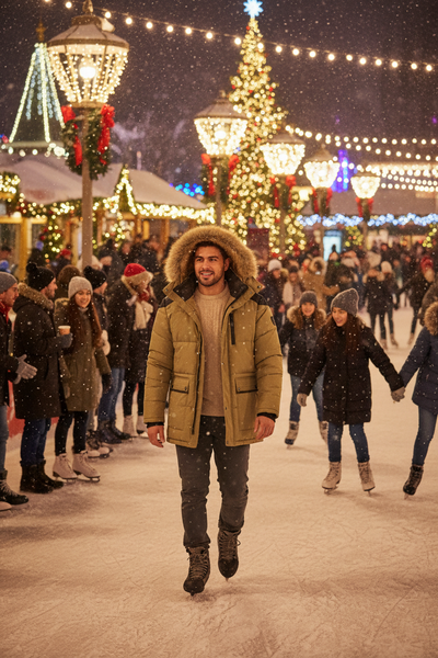 Latino man at ice skating rink wearing fur hooded winter parka