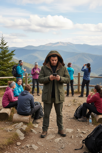 Latino man at mountain hiking trail wearing hooded parka coat