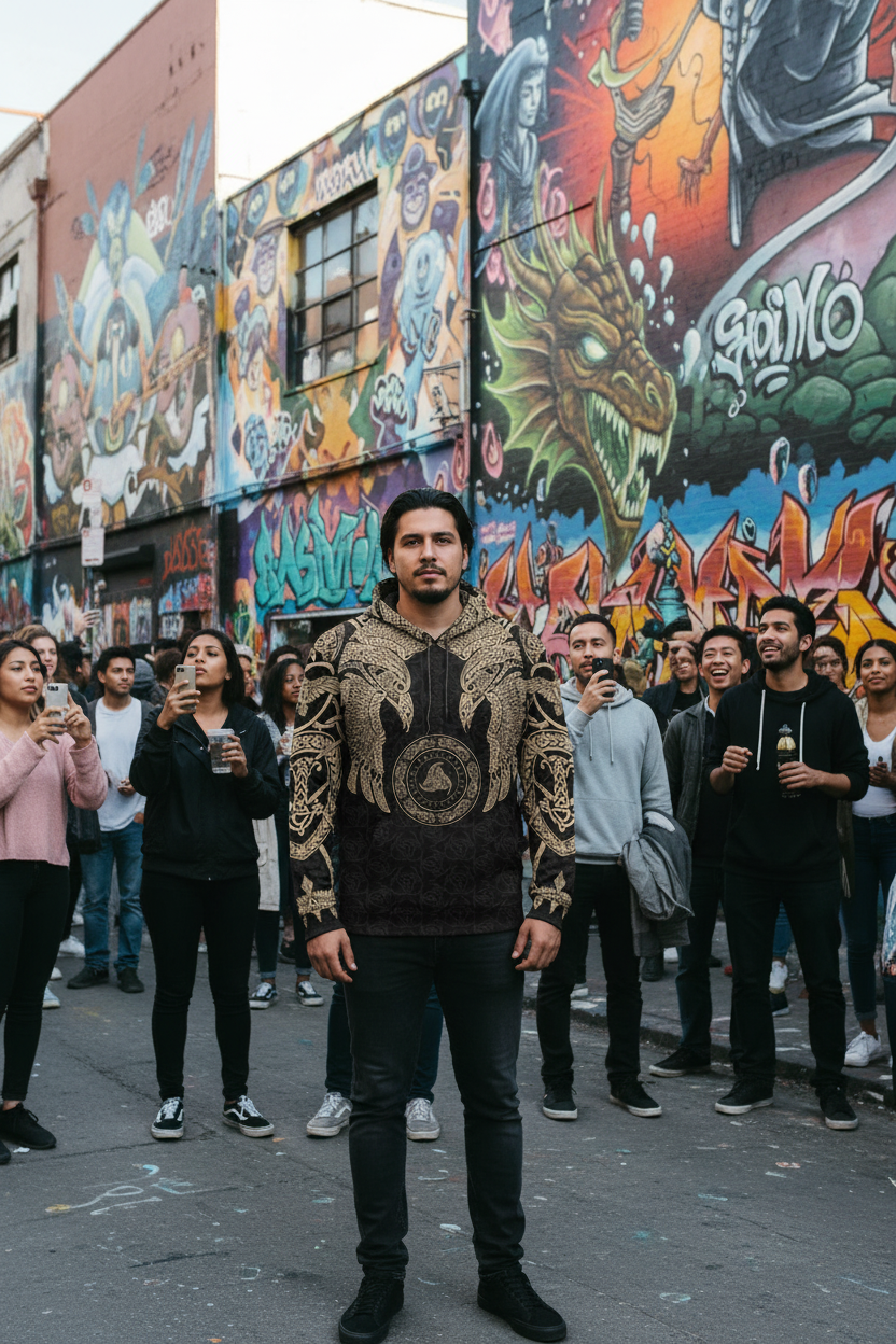 Latino man at street art mural district wearing Viking tattoo anime game hoodie